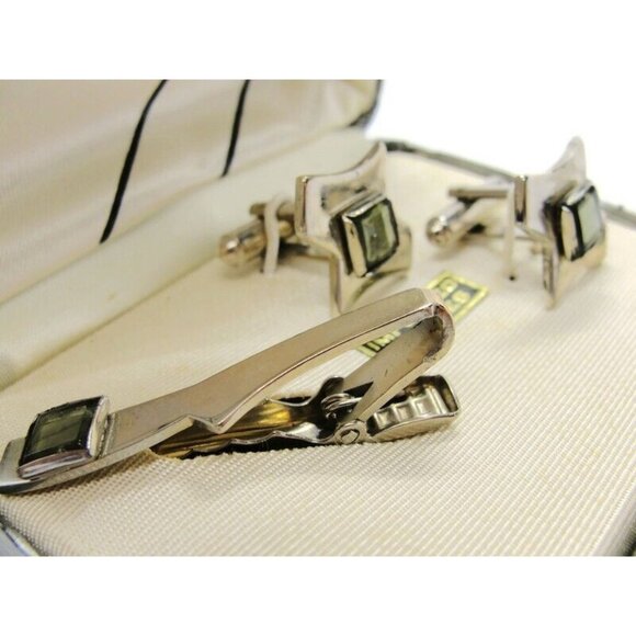 Kallani Vintage Peridot Cufflinks Set w Neck Tie Clip Silver Tone Formal IOB - Picture 10 of 11